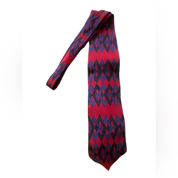100% Silk Tie Red Blue Geometric Print by Format - Picture 1 of 5